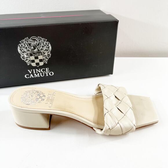 Vince Camuto Semtera Woven Block Heel Leather Slide Sandals Cream 5.5 - Picture 1 of 8
